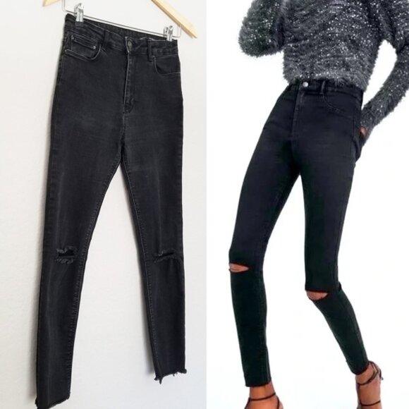 Zara High Waist Ripped Knee Skinny Jeans Raw Hem Size 4 Faded Black Grunge Moto - Picture 2 of 13